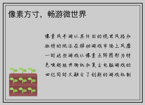 像素方寸，畅游微世界