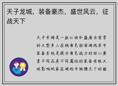 天子龙城，装备豪杰，盛世风云，征战天下